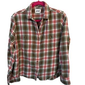 Pact Plaid Fannel Shirt Green Pink Sz M Organic Gorpcore Granola Utility Outdoor
